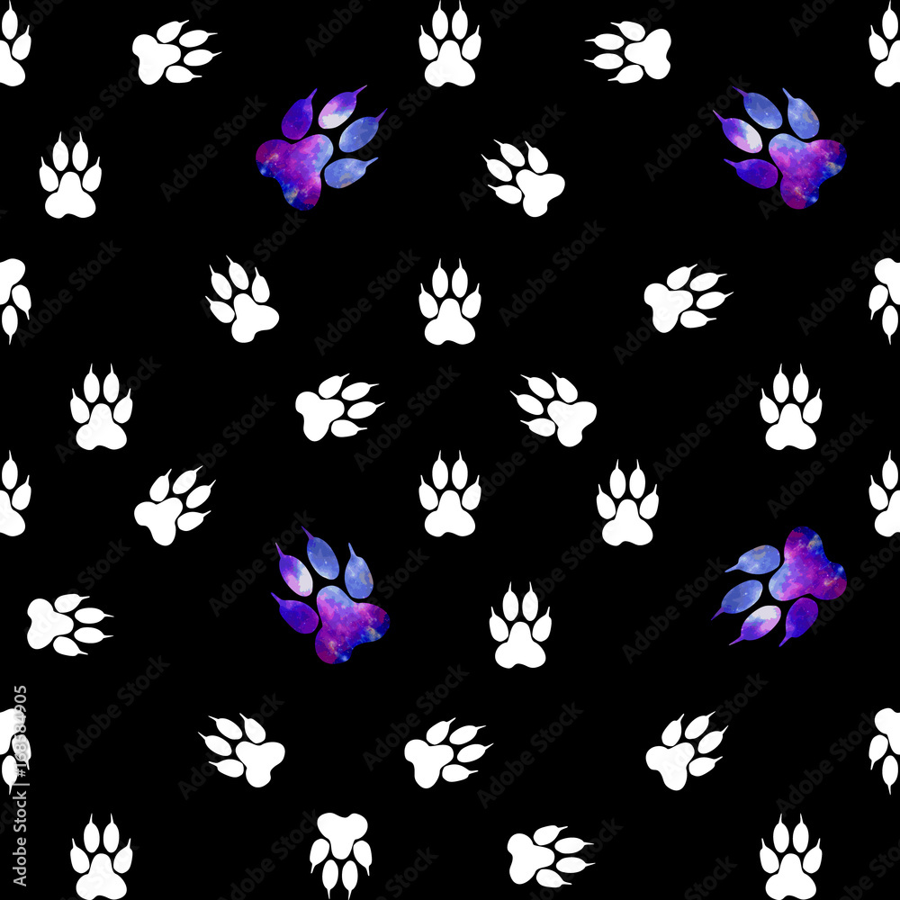 Seamless pattern with white paws on a black background. Paw with a space pattern. Seamless pattern with white paws on a black background. Paw with a space pattern.