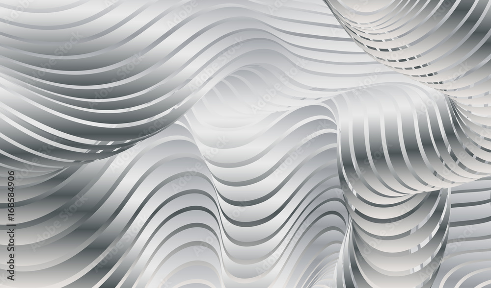 Parallel bands of metal with a gradient fill. Bizarre curved shape. Acrylic patterns. Background for presentations or wallpaper on the screen