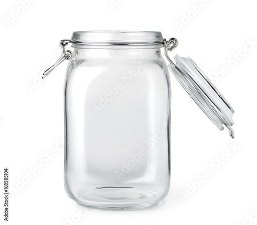 Vászonkép Opened empty glass jar isolated on a white background