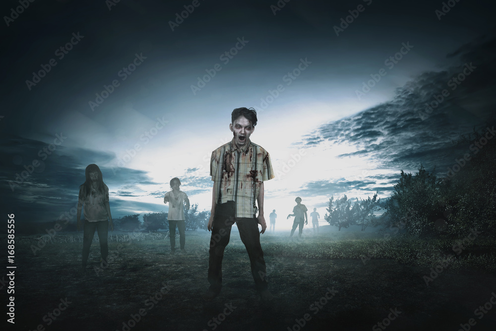 Naklejka premium Crowd of aggressive asian zombies walking around