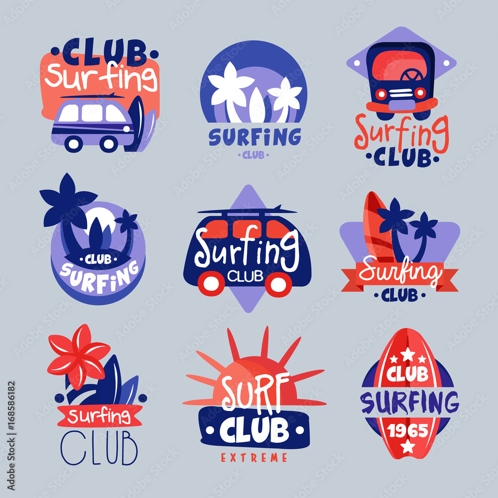 Surf club logo templates set, surfing club emblem, windsurfing badge collection
