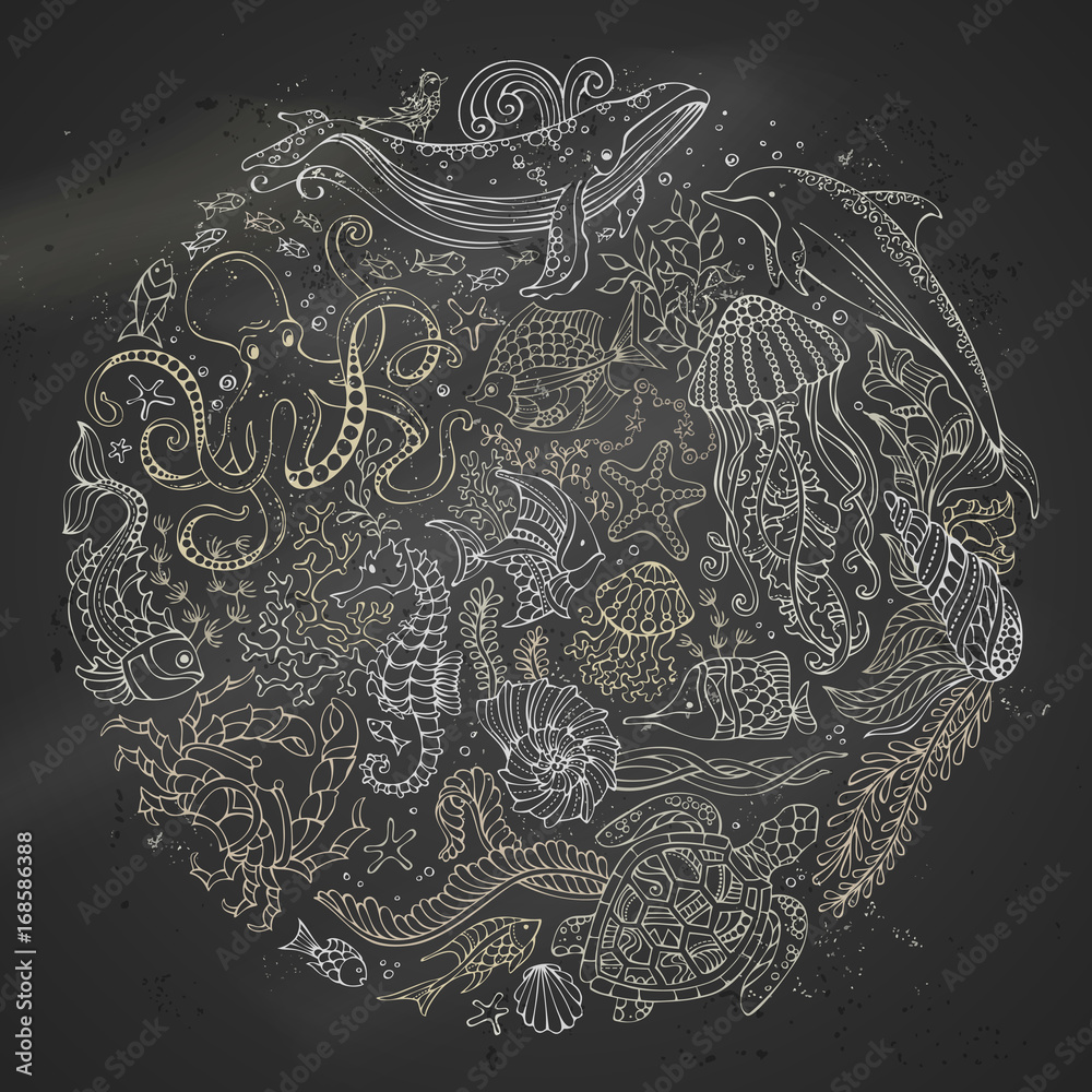 Fototapeta premium Circle vector set of chalk sealife animals on blackboard background.