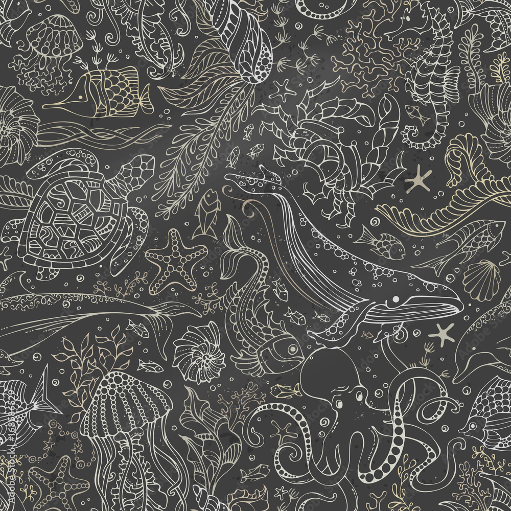 Fototapeta premium Vector chalk underwater sea life boundless blackboard background.