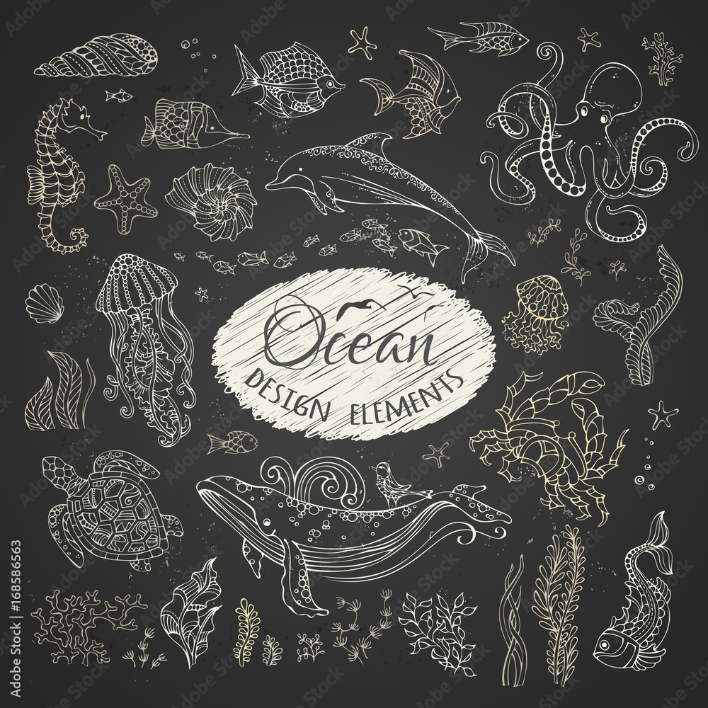Obraz premium Vector set of chalk wild animals and plants.