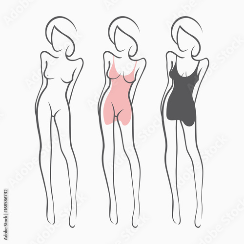 Collection sexy fitness naked girl with a chic figure. Intimate sexy lady, model in a pose. Lovely  ass Dressed In dress, nightie. Drawn art graphics for design, background