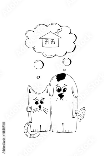 Abandoned puppy and kitten, adopt, animal cruelty, hand drawn illustration. Sad homeless puppy and kitten looking for a home, vector sketch