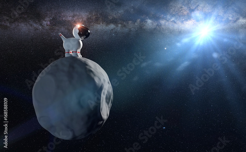 cute cartoon space dog in white space suit standing on an asteroid in front of the Milky Way galaxy