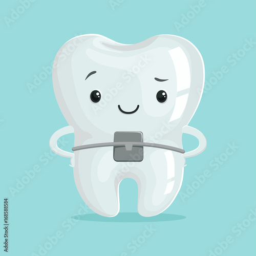 Cute healthy orthodontic cartoon tooth character, childrens dentistry concept vector Illustration
