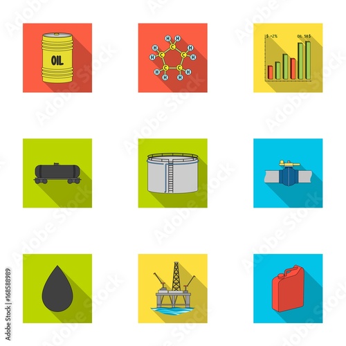 Oil rig, pump and other equipment for oil recovery, processing and storage.Oil set collection icons in flat style vector symbol stock illustration web.