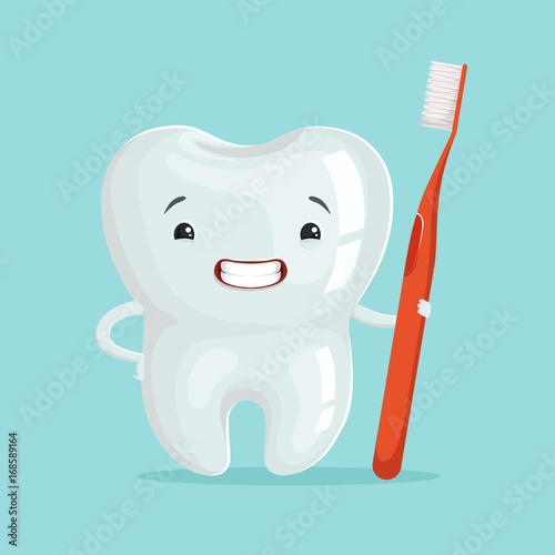 Cute healthy white cartoon tooth character with red toothbrush, childrens dentistry concept vector Illustration