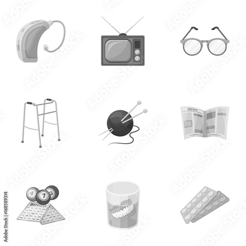 Armchair, slippers, tonometer and other attributes of old age.Old age set collection icons in monochrome style vector symbol stock illustration web.
