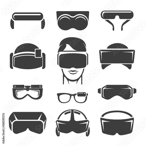 Virtual reality icons. Vr glasses, game simulation helmet and 3d headset device, vector illustration