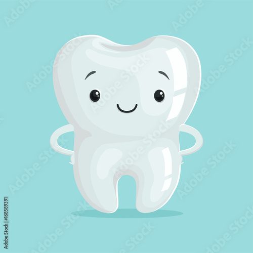 Cute healthy white cartoon tooth character, childrens dentistry concept vector Illustration