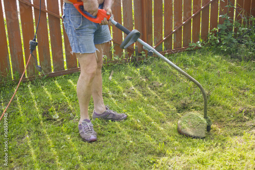 Cutting grass in garden with the trimmer photo