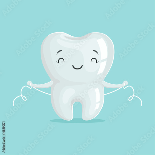 Cute healthy white cartoon tooth character cleaning itself with dental floss, oral dental hygiene, childrens dentistry concept vector Illustration