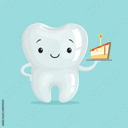 Cute healthy white cartoon tooth character with piece of cake, childrens dentistry concept vector Illustration