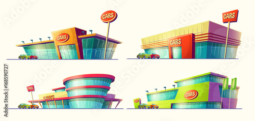 Set of vector cartoon illustrations, various buildings, car sale centers, car rental. Icons of modern large car dealership. Print, template, design element
