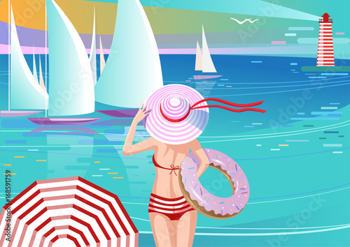 Stylish Girl in Hat Watching Yachts. Holding Inflatable Swim Ring Shape of Doughnut.