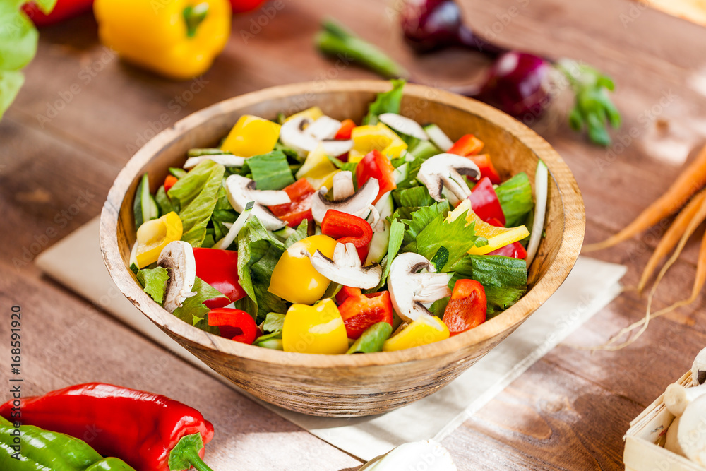 vegetable salad bowl on kitchen table, balanced diet vegetable salad bowl on kitchen table, balanced diet