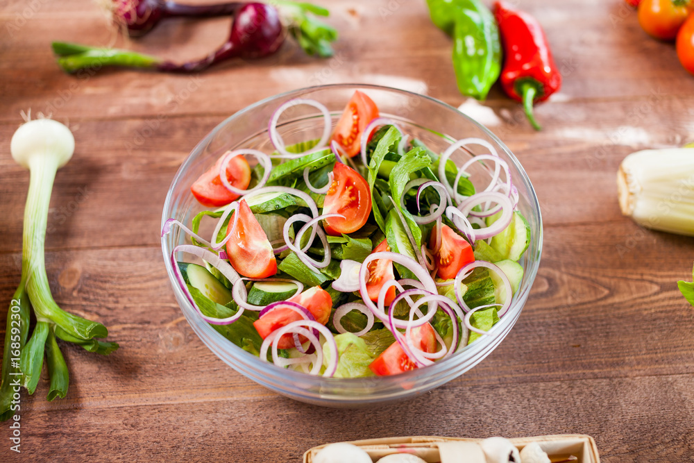 vegetable salad bowl on kitchen table, balanced diet vegetable salad bowl on kitchen table, balanced diet