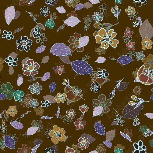 seamless pattern with multicolored wildflowers with leaves on a dark brown background