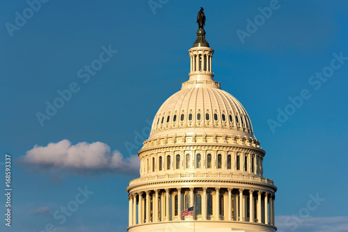 Washington DC, United States landmark. National Capitol building with US flag.