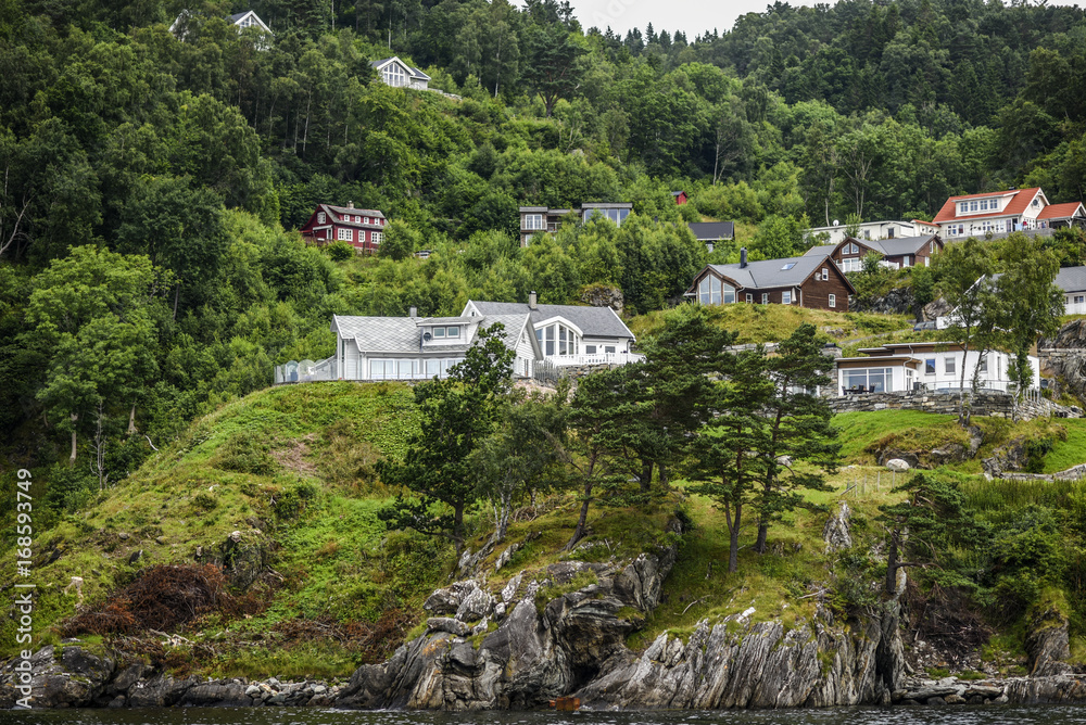 The landscape of cottages on a rock among the greenery off the coast of Norway
