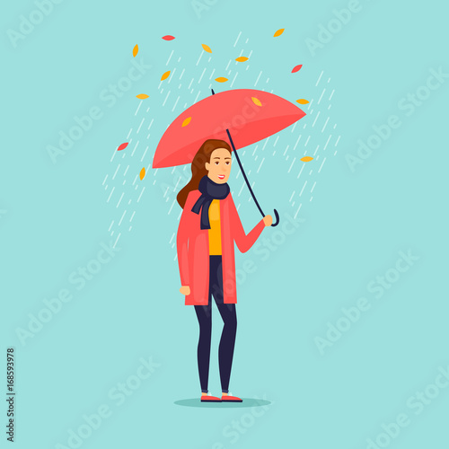 Autumn girl with an umbrella. Flat design vector illustration.
