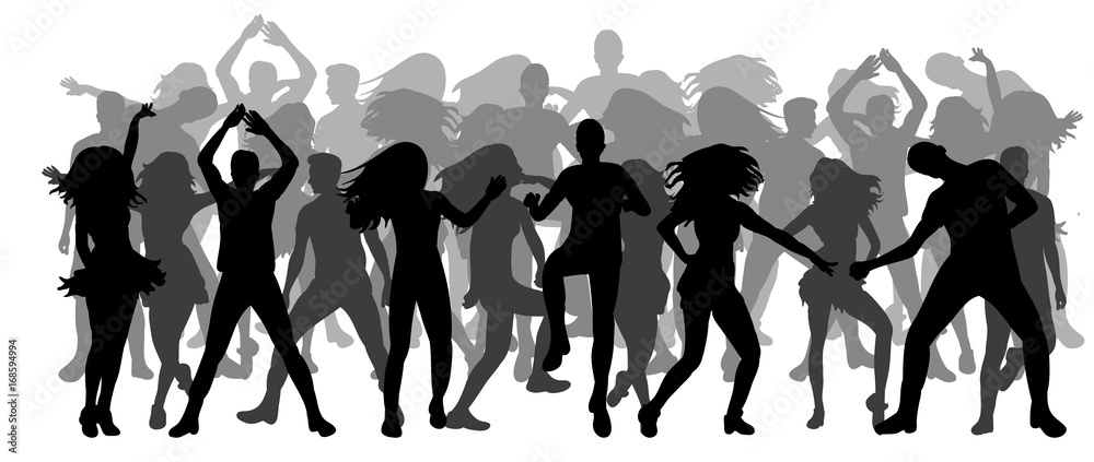 Vector, isolated, crowd of silhouettes people dancing