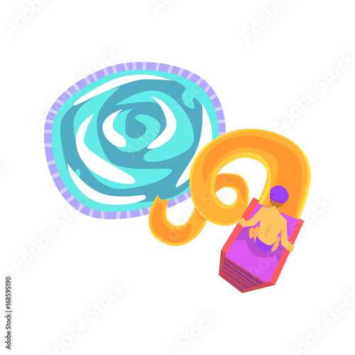 Young man riding down a water slide in a water park in summer vacation cartoon vector Illustration