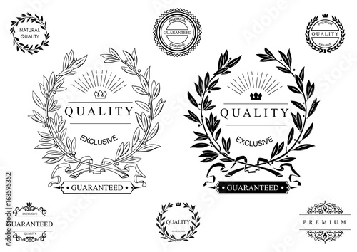 Set of classic seals, emblems and wreaths with a round composition. Signs and symbols of certificates of quality. Vector graphics