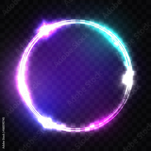 Night Club Neon Sign. Techno Frame with Glowing and Light on Transparent Background. Electric Banner Design on Dark Blue Backdrop. Neon Abstract Circle with Flares and Sparkles. 3d Vector Illustration