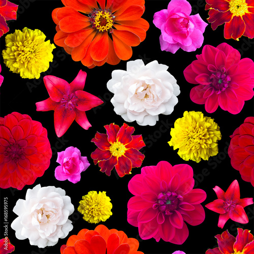 Garden flowers pattern seamless. Flower texture. marigold  Dahlir . Lily and zinnia. Rose .