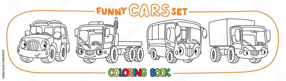 Funny small cars with eyes. Coloring book set