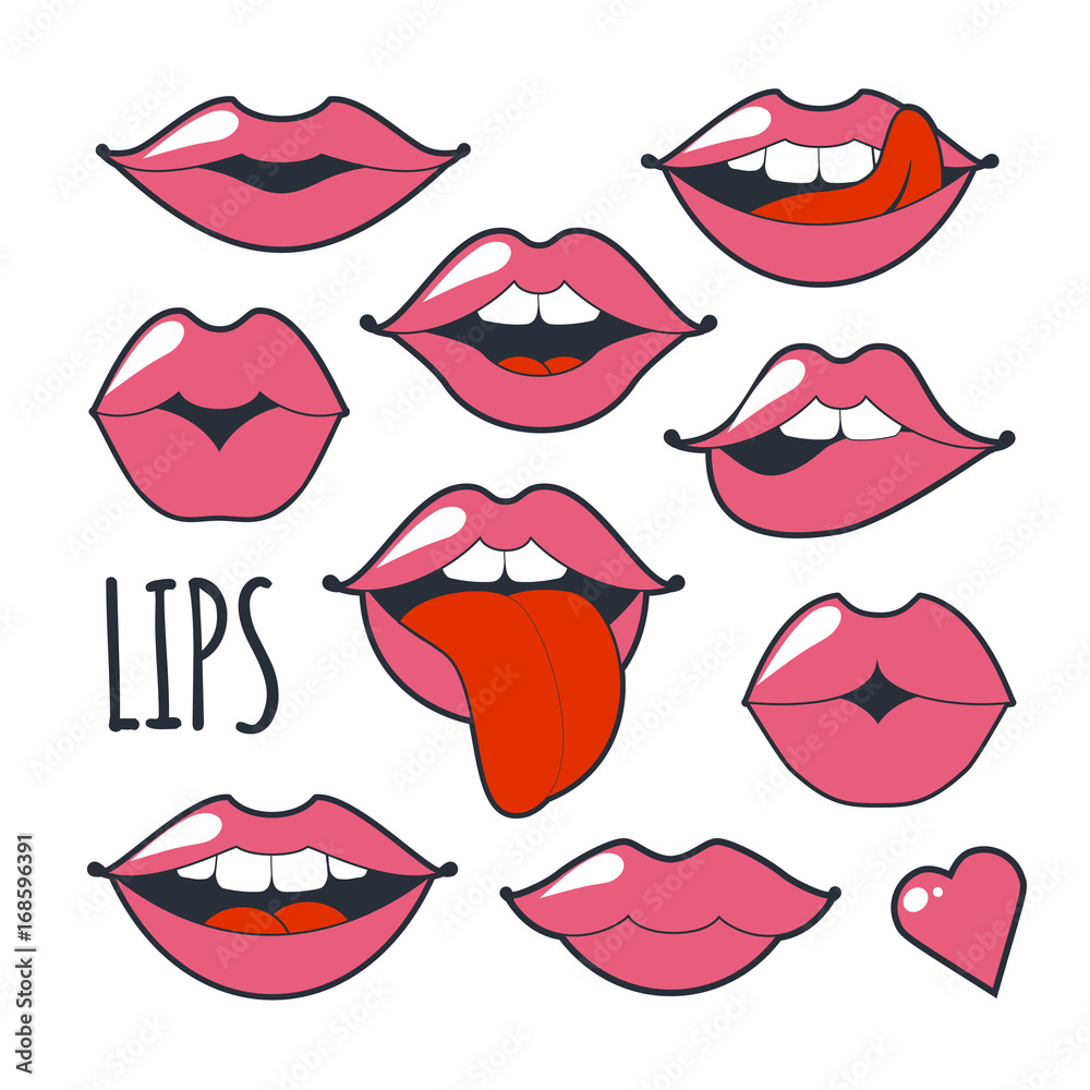 Set glamorous quirky icons. illustration for fashion design. Bright pink makeup kiss mark. Passionate lips in cartoon style of the 80 s and 90 s isolated on white background. Set glamorous quirky icons. illustration for fashion design. Bright pink makeup kiss mark. Passionate lips in cartoon style of the 80 s and 90 s isolated on white background.