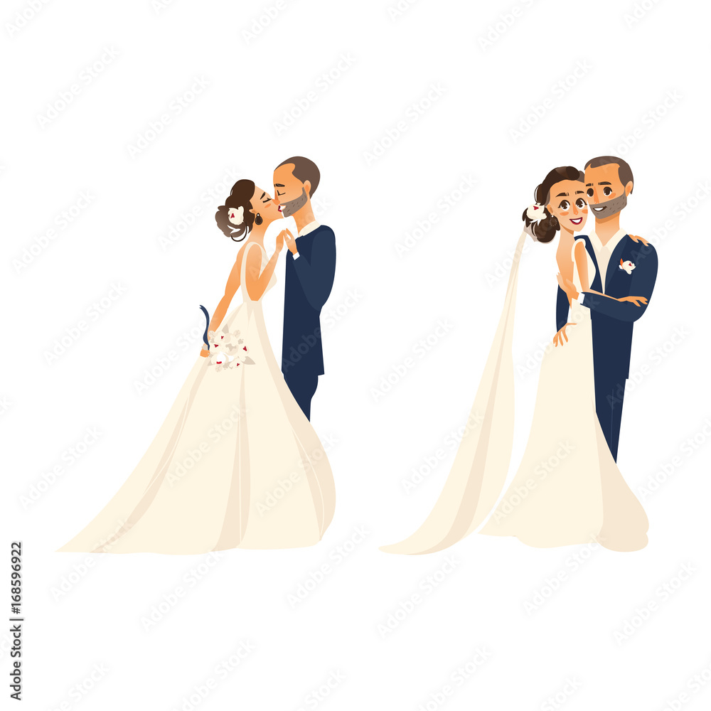 vector groom and bride newlywed couple kissing each other, set flat cartoon  illustration isolated on a white background. Wedding concept character  design Stock Vector | Adobe Stock