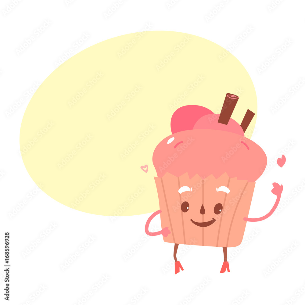 Vector sweet humanized cupcake, brownie character with arms and legs. Flat cartoon isolated illustration on a white background. Funny smiley dessert with speech bubble