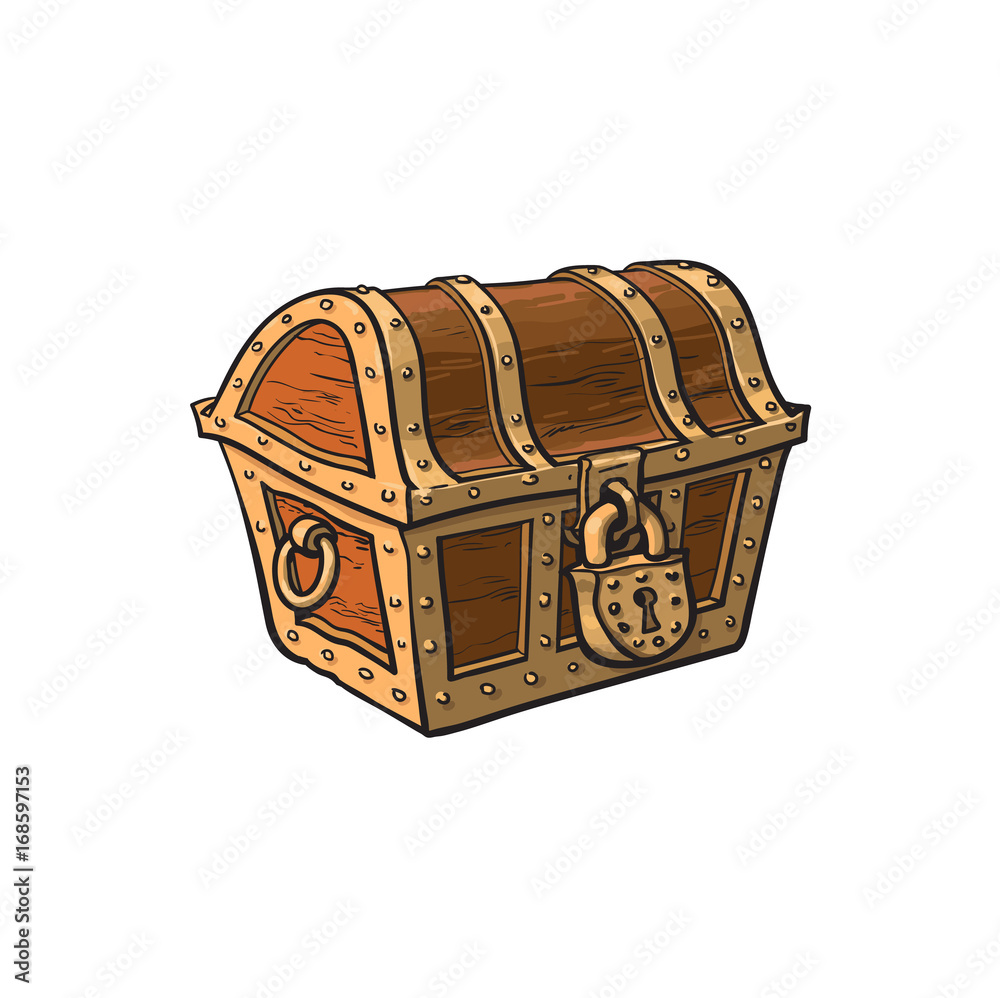 vector closed locked wooden treasure chest. Isolated illustration on a ...