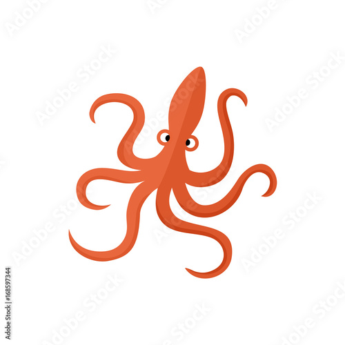 Funny red octopus, flat cartoon vector illustration isolated on white background. Simple funny, childish octopus, flat cartoon vector illustration