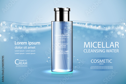 Luxury cosmetic Bottle package skin care cream, micellar water, Beauty cosmetic product poster, with Bokeh and Water background
