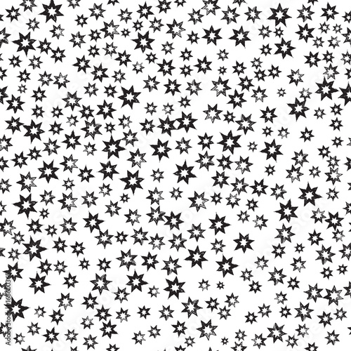 Star seamless pattern. White and black retro background with chaotic elements. Abstract geometric shape texture effect of sky. Design template for wallpaper, wrapping, textile. Vector Illustration
