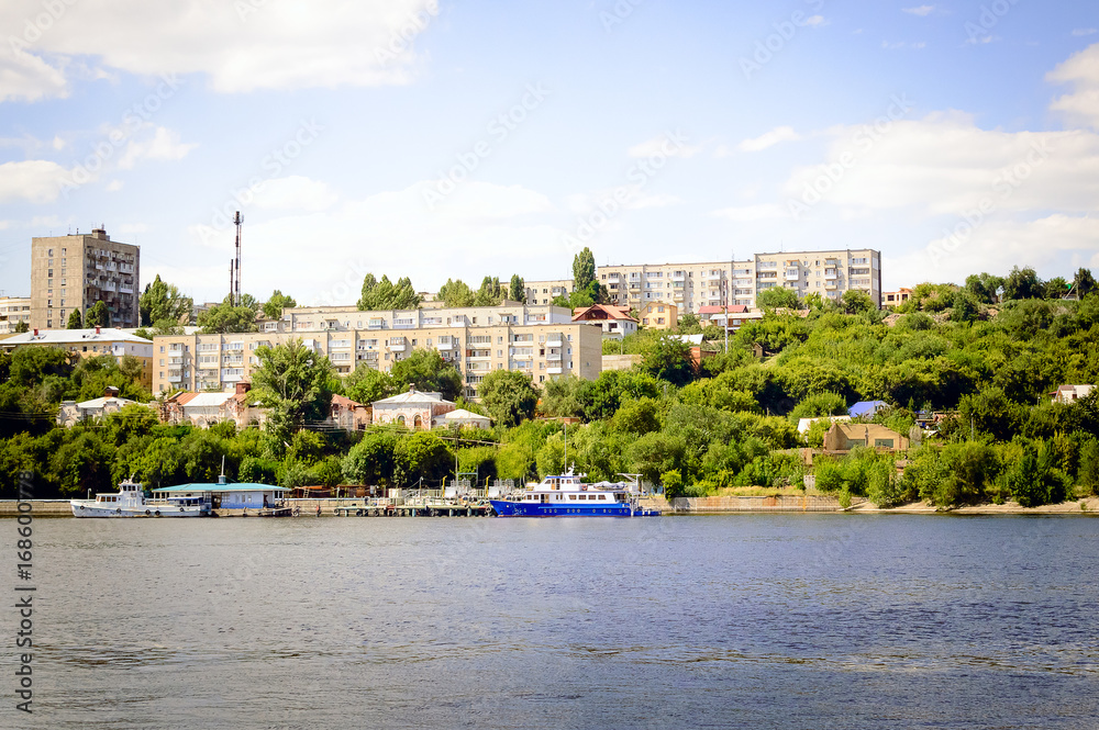 Embankment, view from the Volga River to the city of Saratov, Russia. Beautiful summer cityscape.