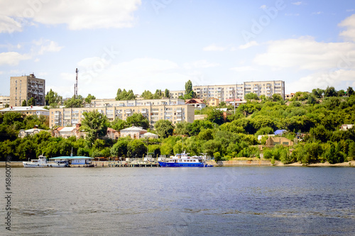 Embankment, view from the Volga River to the city of Saratov, Russia. Beautiful summer cityscape.