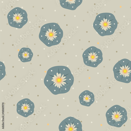 Vector floral peyote lophophora cactus green beige seamless pattern