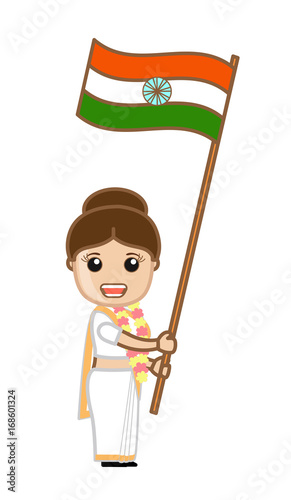 happy  Patriotic Woman Holding India Flag