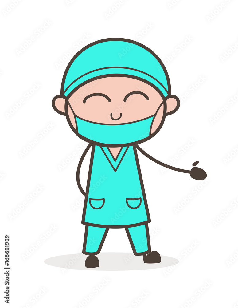 Cartoon Surgeon Smiling and Pointing Hand Vector Illustration