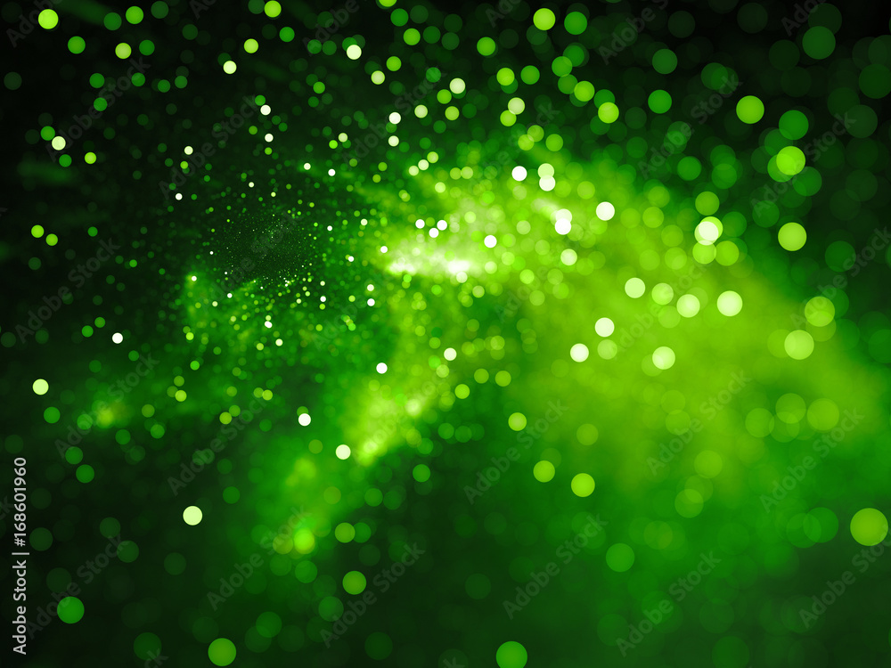Fototapeta premium Zielona rozjarzona mgławica z gwiazdami w bokeh, głębia pole
