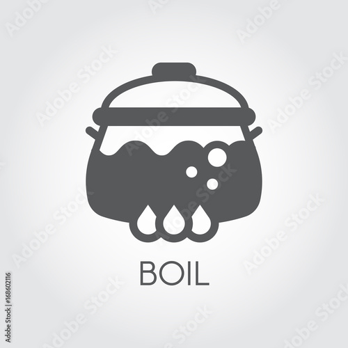 Boiling pot with food on stove. Black icon of hot meal in flat design. Culinary theme. Graphic symbol for different gastronomic projects. Vector illustration