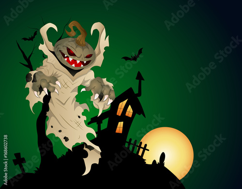 Halloween Haunted House Background With Pumpkin Head Ghost