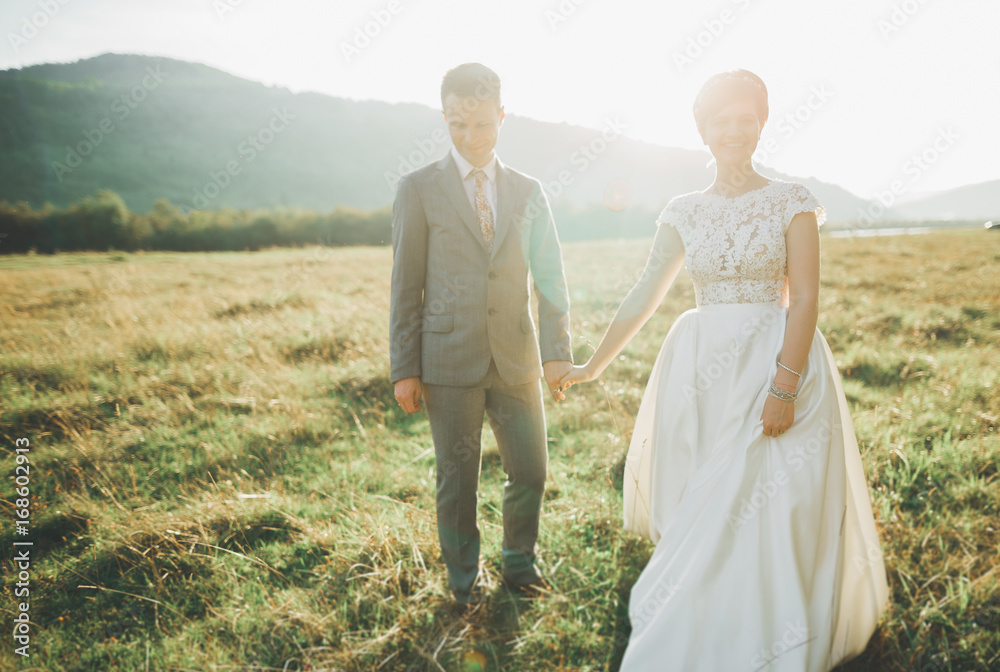 Beautiful wedding couple, love on the sunset. Fielf with view on mountains Beautiful wedding couple, love on the sunset. Fielf with view on mountains